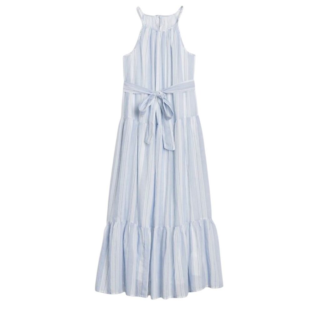 1969 Tiered Halterneck Dress Blue/white Striped Size XS